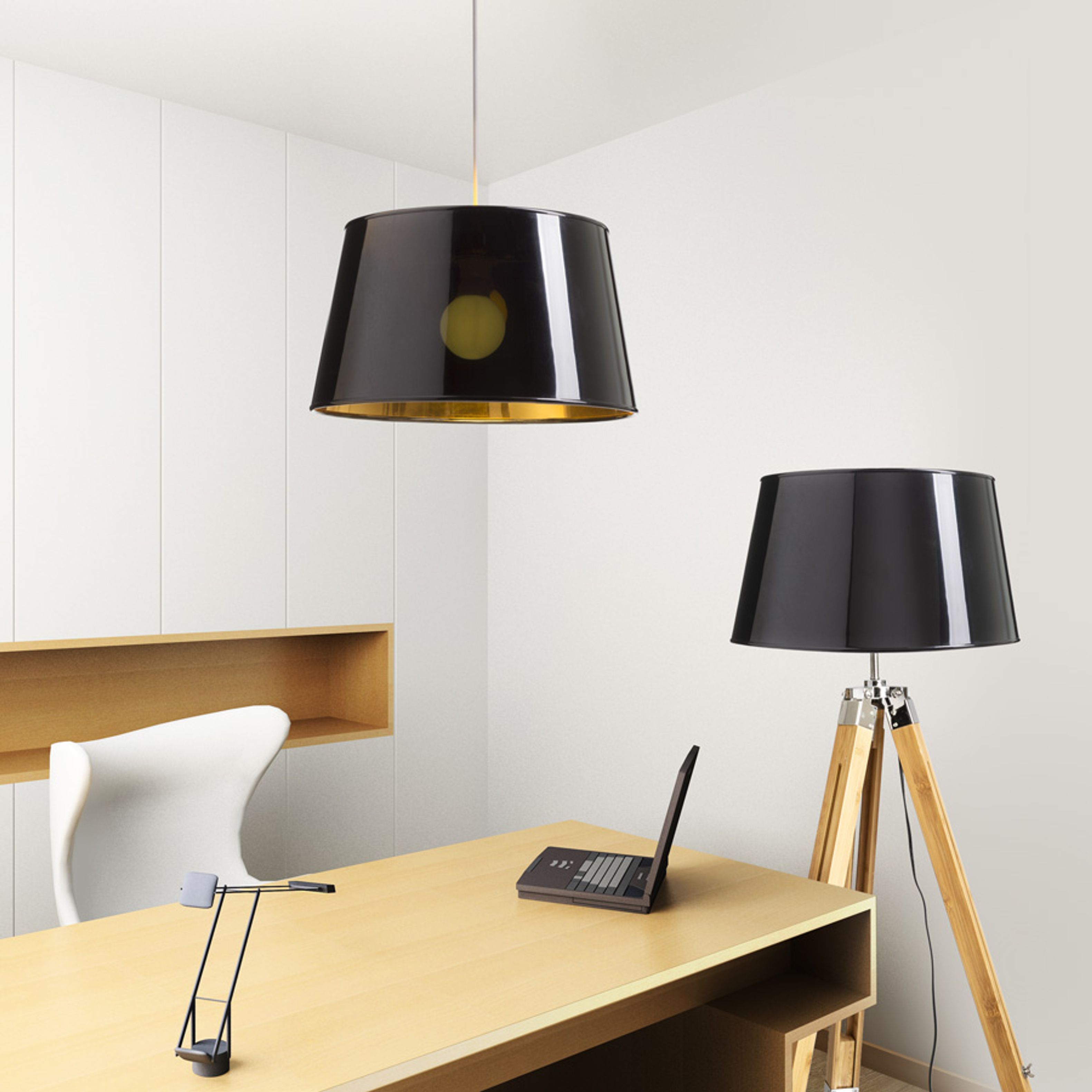 Abajur decorativ negru cu interior auriu, care poate fi combinat cu un set pandantiv sau cu soclu, RIDICK lucios folie aurie max. 20W