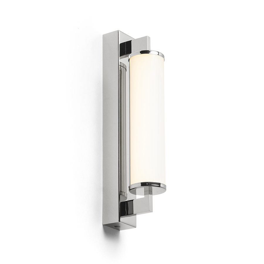 Lumina liniara pentru baie cu LED incorporat si abajur in forma de tub de culoare opal pe o baza, ROCCA 34 de perete crom 230V 8W IP44 3000K