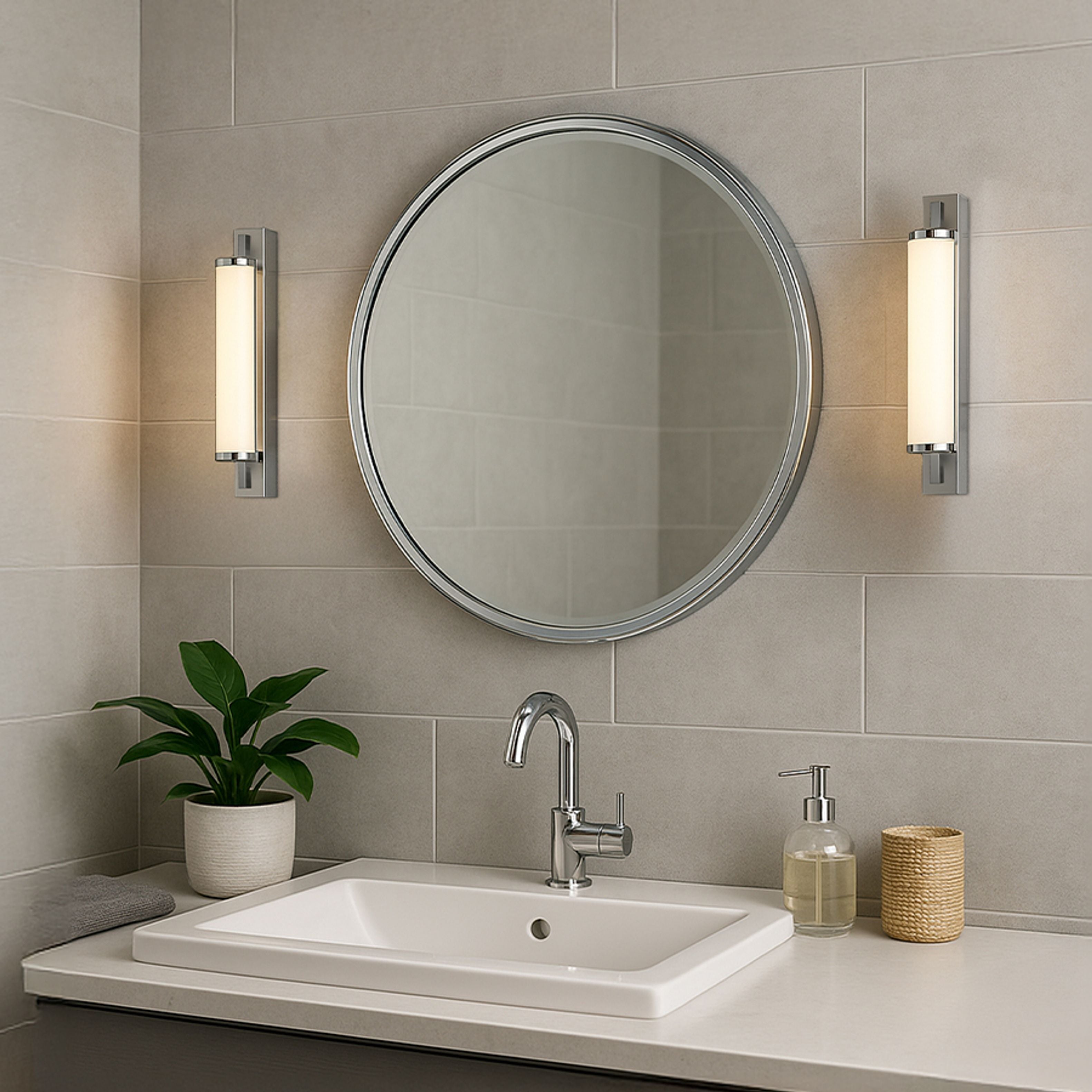 Lumina liniara pentru baie cu LED incorporat si abajur in forma de tub de culoare opal pe o baza, ROCCA 34 de perete crom 230V 8W IP44 3000K