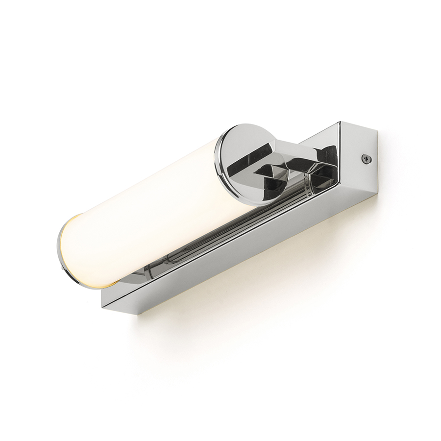 Lumina liniara pentru baie cu LED incorporat si abajur in forma de tub de culoare opal pe o baza, ROCCA 34 de perete crom 230V 8W IP44 3000K