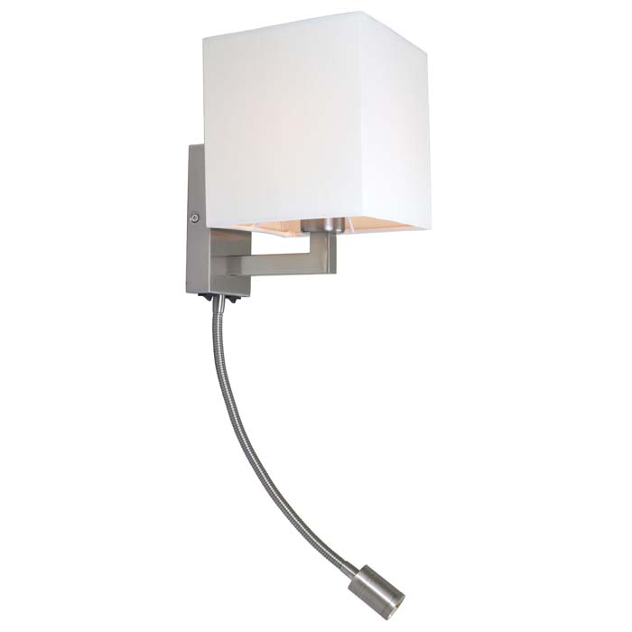 Aplica de perete cu o nuanță textilă combinată cu o lumină LED pe gatul flexibil, TAINA cu abajur alb nichel mat 230V E27 15+3W 25° 3000K