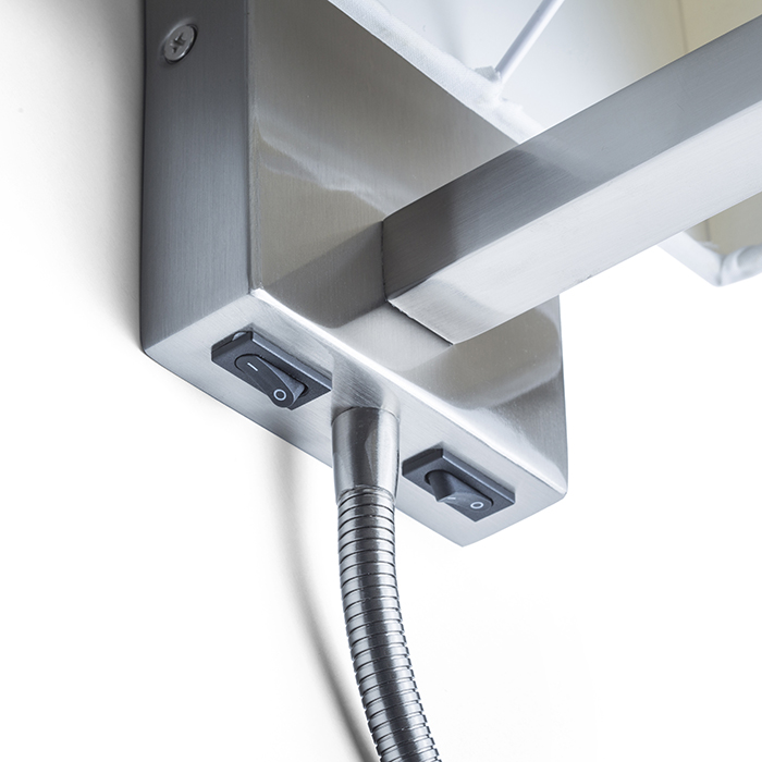 Aplica de perete cu o nuanță textilă combinată cu o lumină LED pe gatul flexibil, TAINA cu abajur alb nichel mat 230V E27 15+3W 25° 3000K