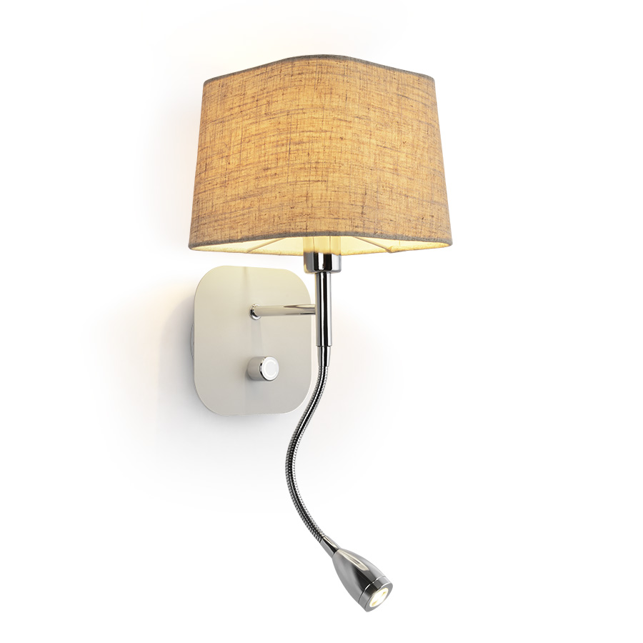 Aplica de perete cu o nuanță textilă unghiulară și spot cu LED pe gâtul de gâscă, PERTH de cu bej/alb crom 230V E14 7+3W 30° 3000K