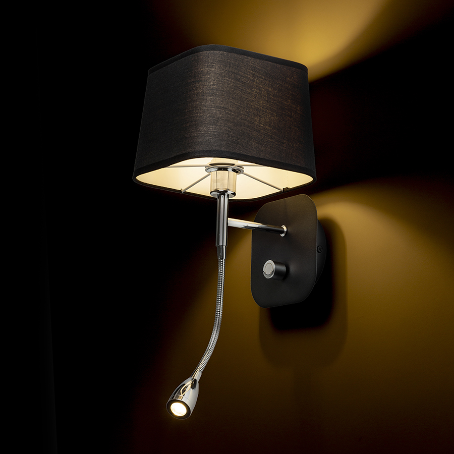 Aplica de perete cu o nuanță textilă unghiulară și spot cu LED pe gâtul de gâscă, PERTH de negru/negru crom 230V E14 7+3W 30° 3000K