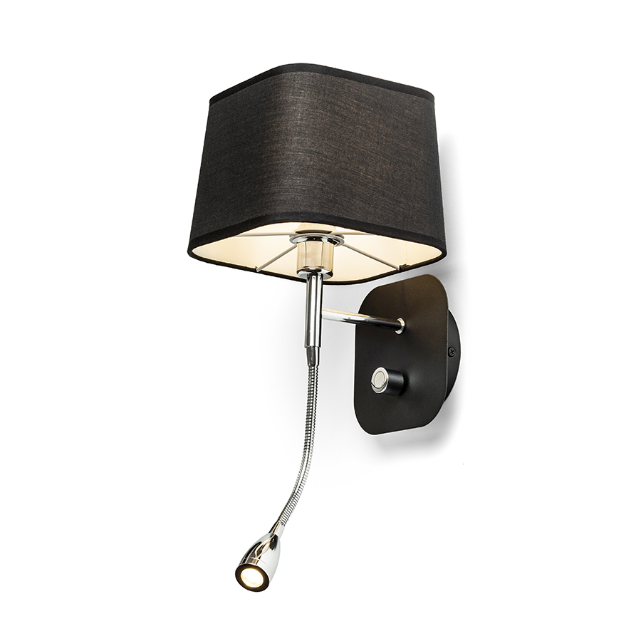 Aplica de perete cu o nuanță textilă unghiulară și spot cu LED pe gâtul de gâscă, PERTH de negru/negru crom 230V E14 7+3W 30° 3000K