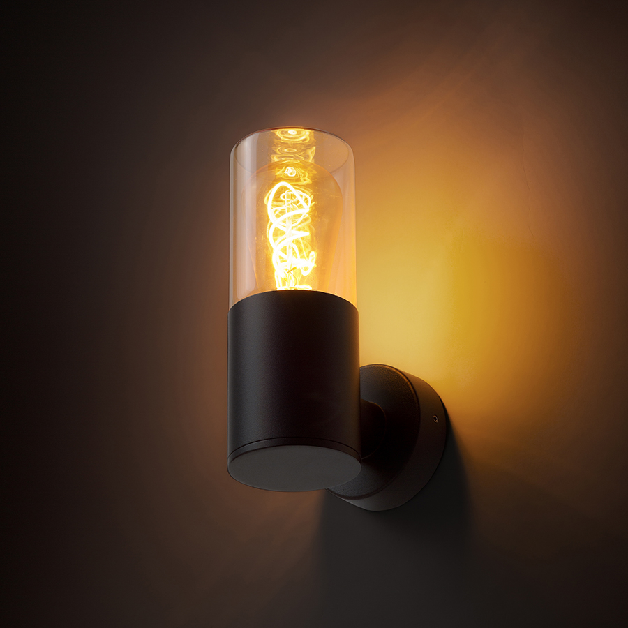 Aplică de exterior cu sticlă de chihlimbar pentru iluminare ambientala folosind surse de lumina LED, QUINN de perete negru 230V E27 11W IP54