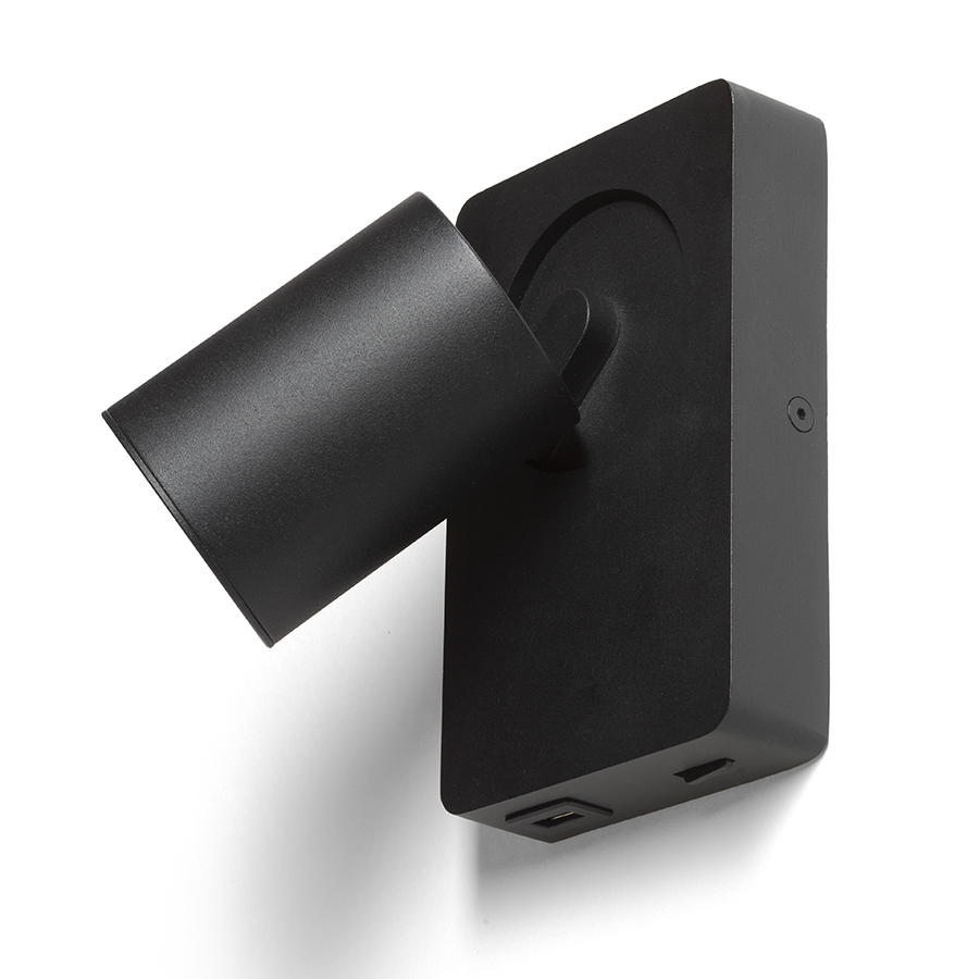 Aplică lăcuită cu o sursă de lumină direcțională GU10 și USB integrat potrivită pentru încărcarea, VOLTERA USB de perete negru 230V LED 9W