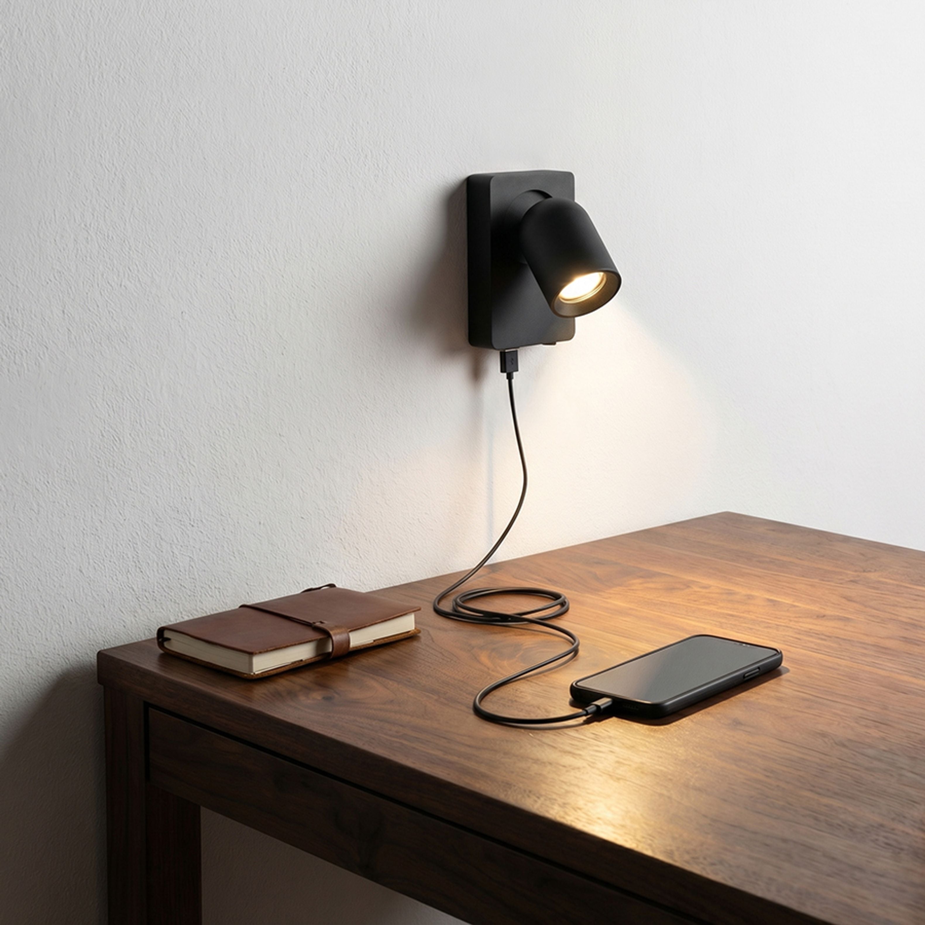 Aplică lăcuită cu o sursă de lumină direcțională GU10 și USB integrat potrivită pentru încărcarea, VOLTERA USB de perete negru 230V LED 9W