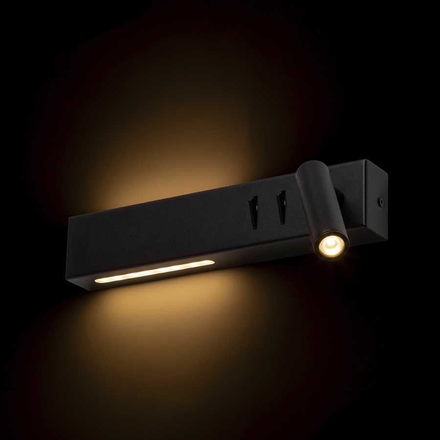 Lumina LED montata pe perete, cu un spot reglabil si iluminare indirecta SUS/JOS, ODEON perete cu din spate negru 230V 8+3W 30° 3000K