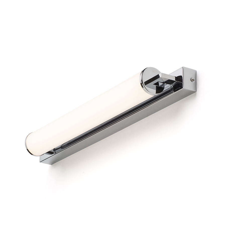 Lumina liniara pentru baie cu LED incorporat si abajururi in forma de tub de culoare opal pe o baza, ROCCA 60 de perete crom 230V 18W IP44 3000K
