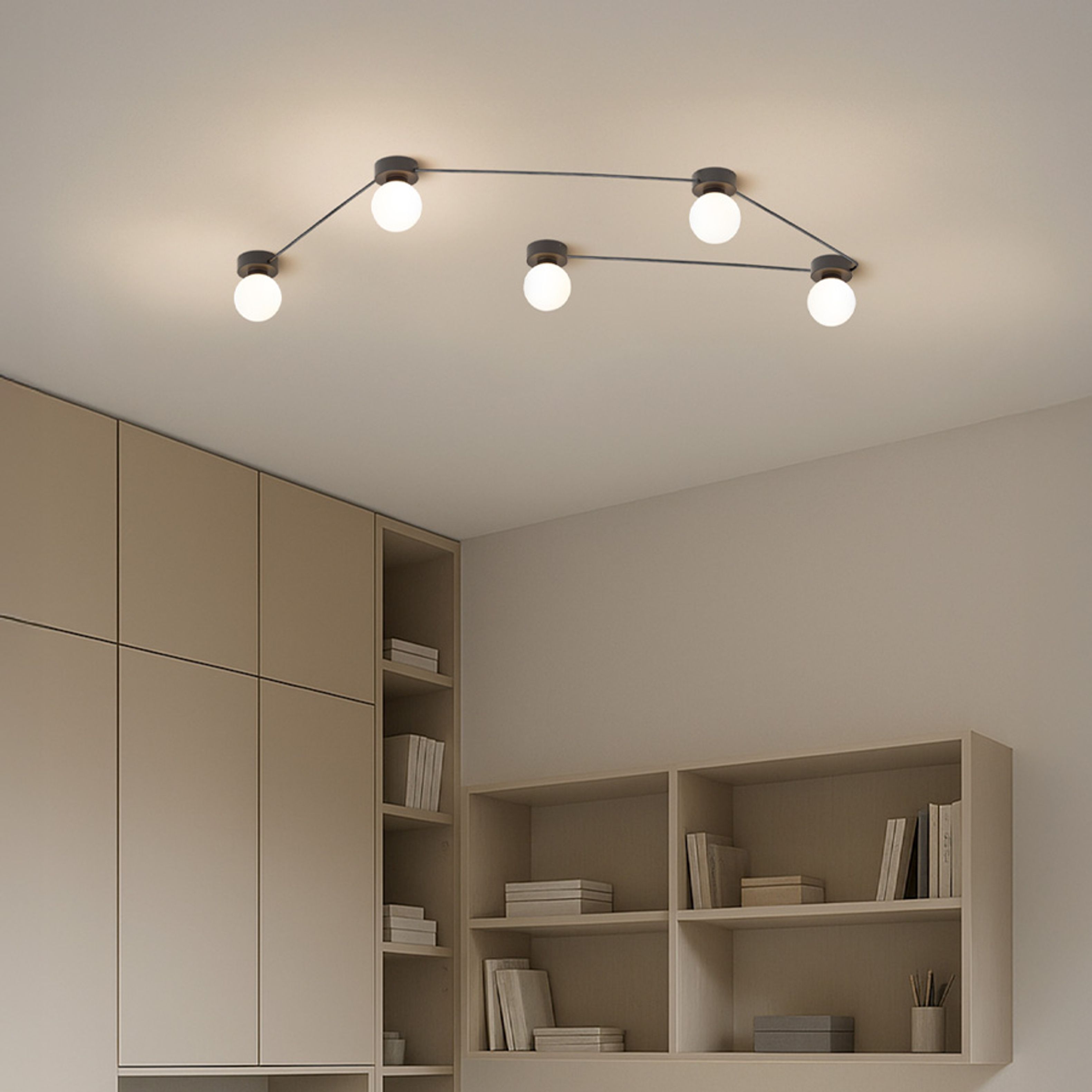 Aplica de tavan sau perete cu abajururi de sticlă pe baze lăcuite negru, legate in rând prin, VELA V de negru opal 230V LED G9 5x6W