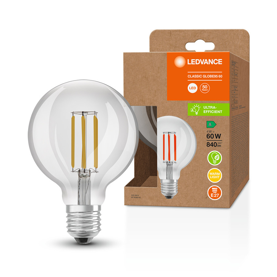 Eficienta energetica foarte mare, avand in acelasi timp o putere de lumina ridicata, OSRAM ULTRA ECONOMY 210lm/W Globe 95 clar 230V E27 LED EQ60 2700K