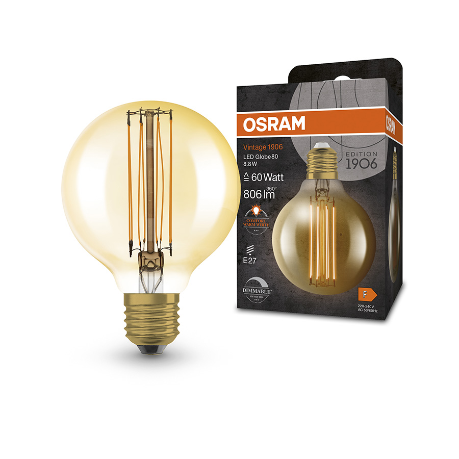 Bec LED Glob E27, OSRAM Globe 80 DIMM chihlimbar 230V EQ60 2200K