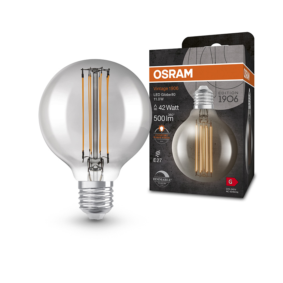 Bec LED Glob E27, OSRAM Globe 80 DIMM afumată 230V EQ42 1800K