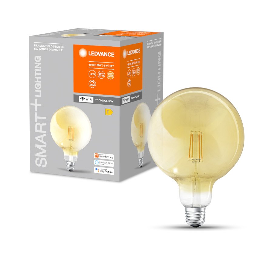 Sursa de lumina LED GLOBE Smart WiFi cu fiting E27 care este reglabila folosind LEDVANCE SMART+WiFi, OSRAM SMART+ Globe 125 WiFi Vintage chihlimbar 230V EQ53 2400K