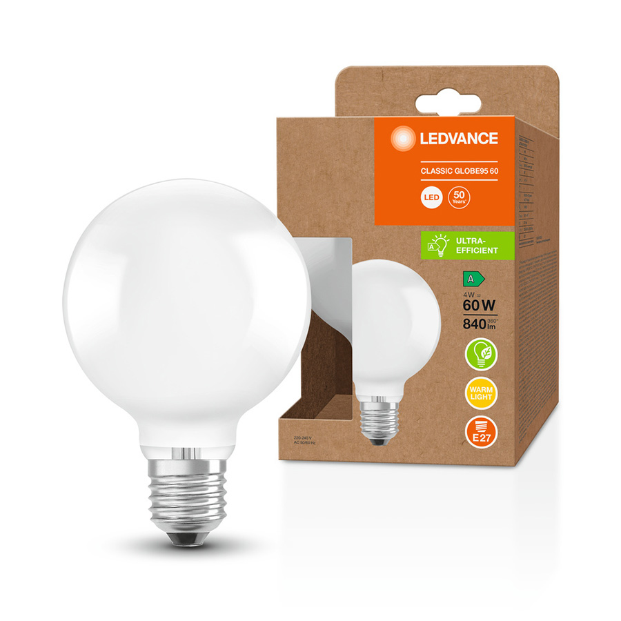 Eficienta energetica foarte mare, avand in acelasi timp o putere de lumina ridicata, OSRAM ULTRA ECONOMY 210lm/W Globe 95 mat 230V E27 LED EQ60 3000K