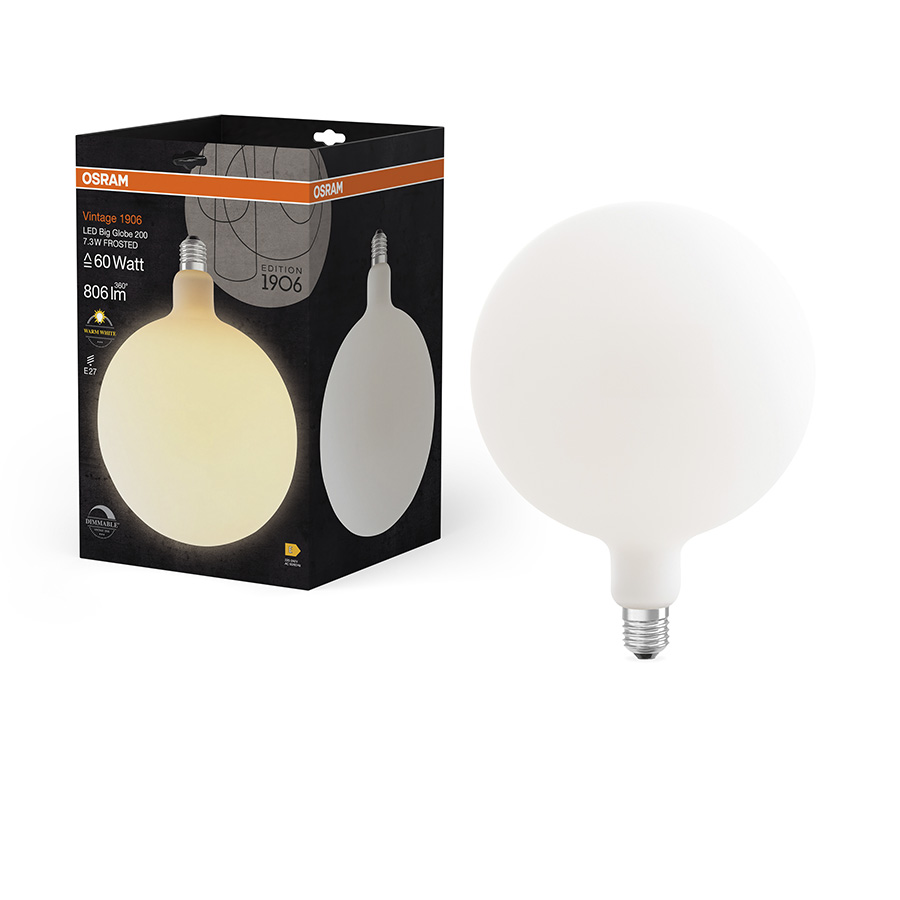 Bec LED de culoare opal cu baza E27 si diametru de 200 mm, OSRAM Globe 200 DIMM mat 230V EQ60 2700K