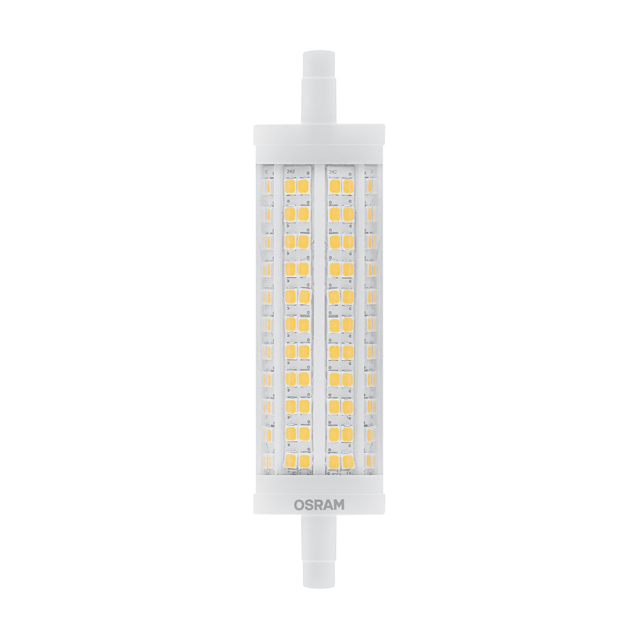 Bec LED potrivit pentru înlocuirea becului cu halogen cu soclu R7s și lungimea de 118 mm, OSRAM LINE 118mm DIMM clar 230V EQ150 2700K
