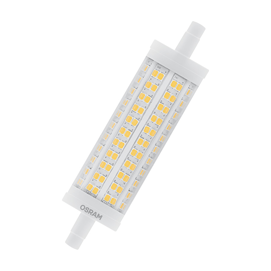 Bec LED potrivit pentru înlocuirea becului cu halogen cu soclu R7s și lungimea de 118 mm, OSRAM LINE 118mm DIMM clar 230V EQ150 2700K