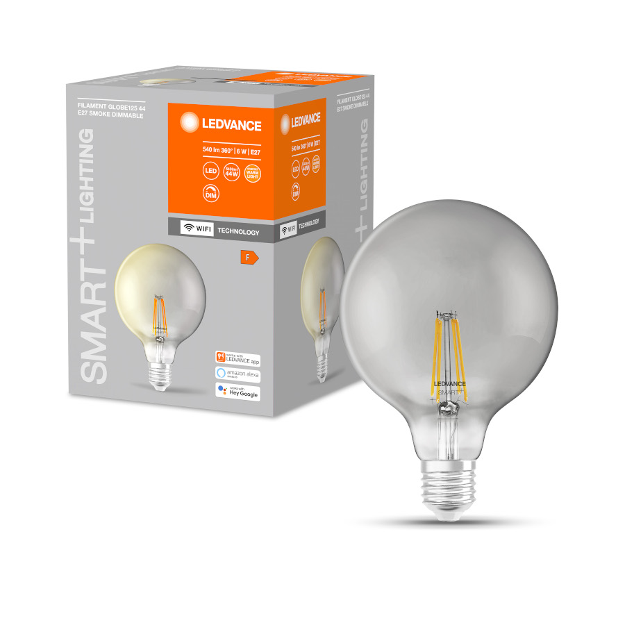 Sursa de lumina LED GLOBE Smart WiFi cu fiting E27 care este reglabila folosind LEDVANCE SMART+WiFi, OSRAM SMART+ Globe 125 WiFi afumată 230V EQ44 2500K