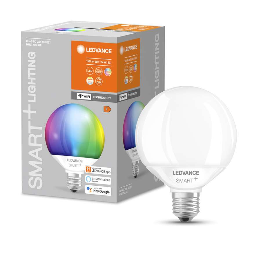 Bec LED Globe Smart pentru prize E27 care poate fi controlat folosind aplicația LEDVANCE SMART+, OSRAM SMART+ Globe 95 mat 230V EQ100 RGBW