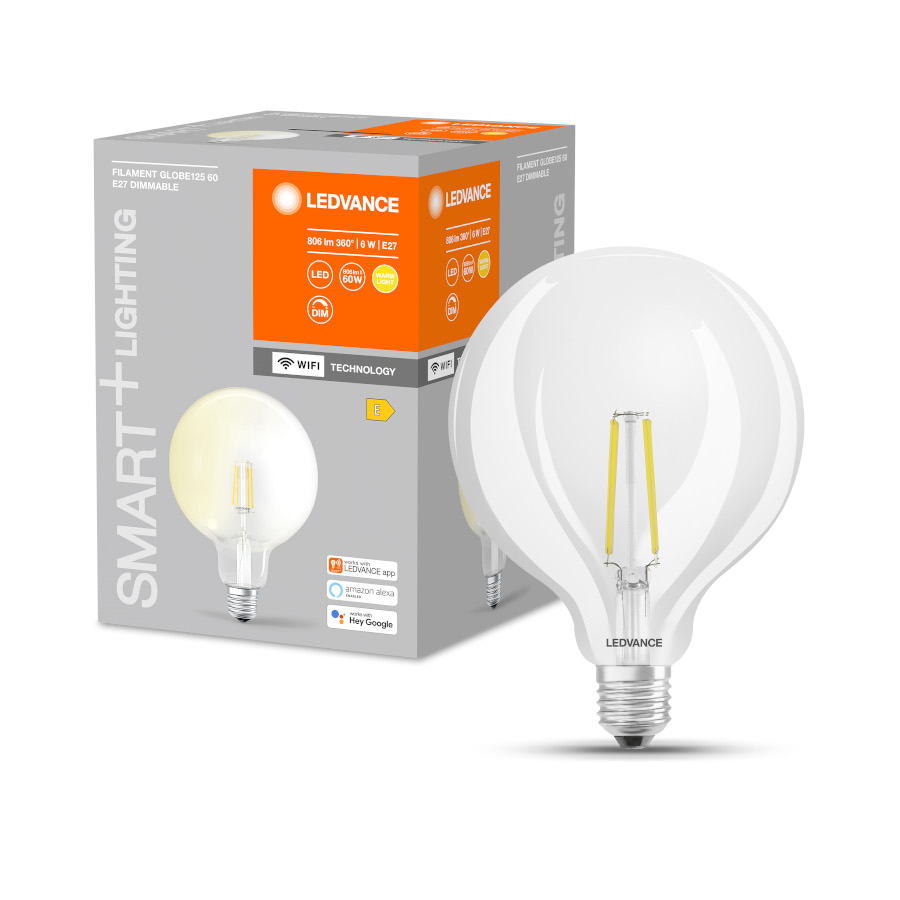 Sursa de lumina LED GLOBE Smart WiFi cu fiting E27 care este reglabila folosind LEDVANCE SMART+WiFi, OSRAM SMART+ Globe 125 WiFi clar 230V EQ60 2700K