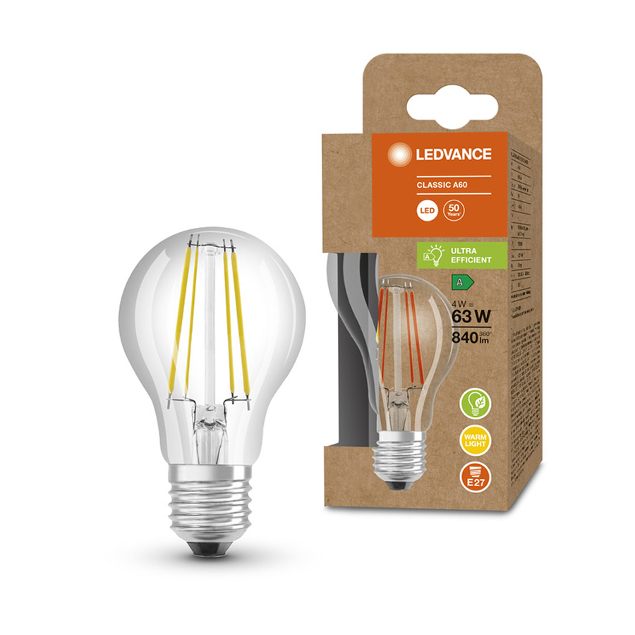 Eficienta energetica foarte mare, avand in acelasi timp o putere de lumina ridicata, OSRAM ULTRA ECONOMY 210lm/W Classic A clar 230V E27 LED EQ60 3000K