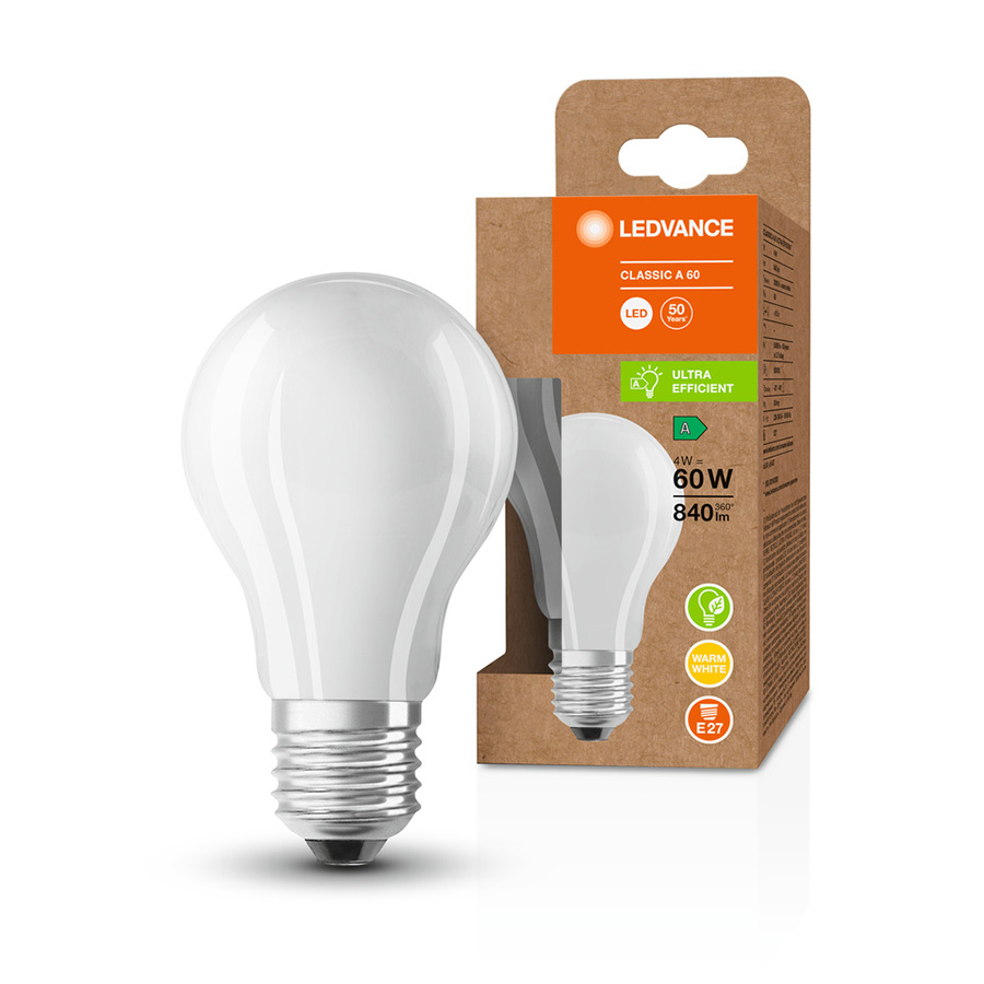 Eficienta energetica foarte mare, avand in acelasi timp o putere de lumina ridicata, OSRAM ULTRA ECONOMY 210lm/W Classic A mat 230V E27 LED EQ60 3000K