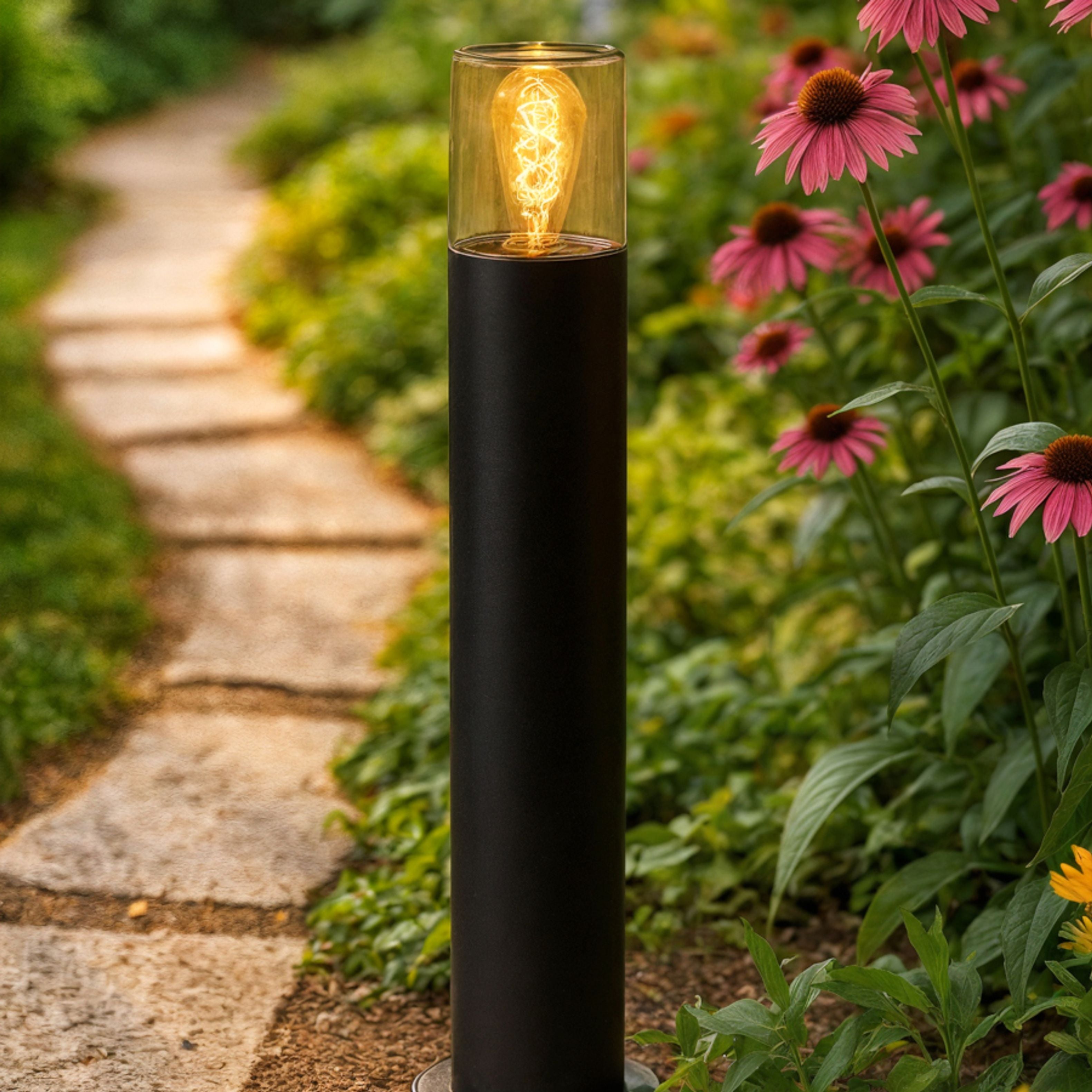Bolard de exterior cu sticlă pentru iluminare ambientala, proiectat pentru becuri LED cu baza E27, QUINN 60 de podea negru chihlimbar 230V 11W IP54