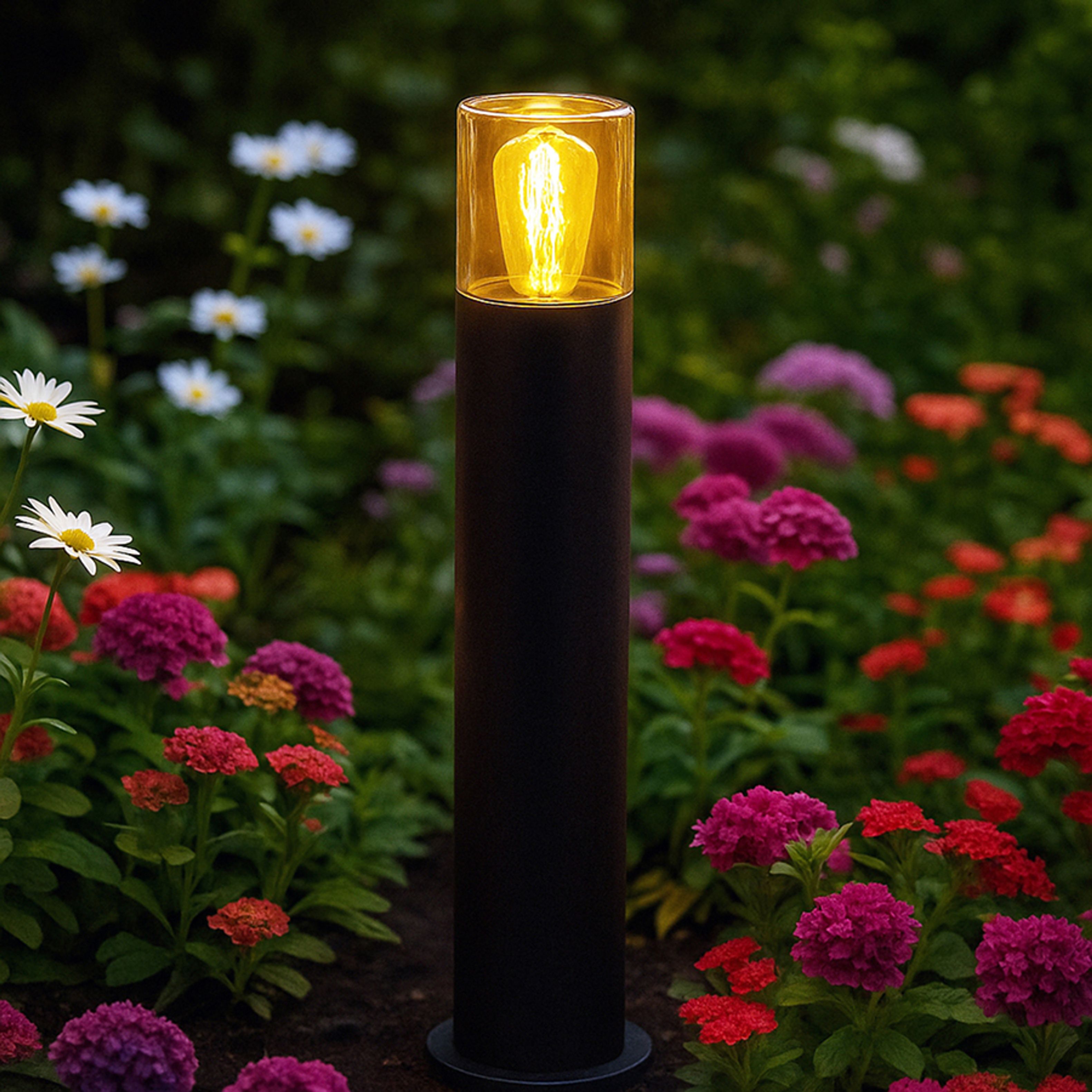 Bolard de exterior cu sticlă pentru iluminare ambientala, proiectat pentru becuri LED cu baza E27, QUINN 60 de podea negru chihlimbar 230V 11W IP54
