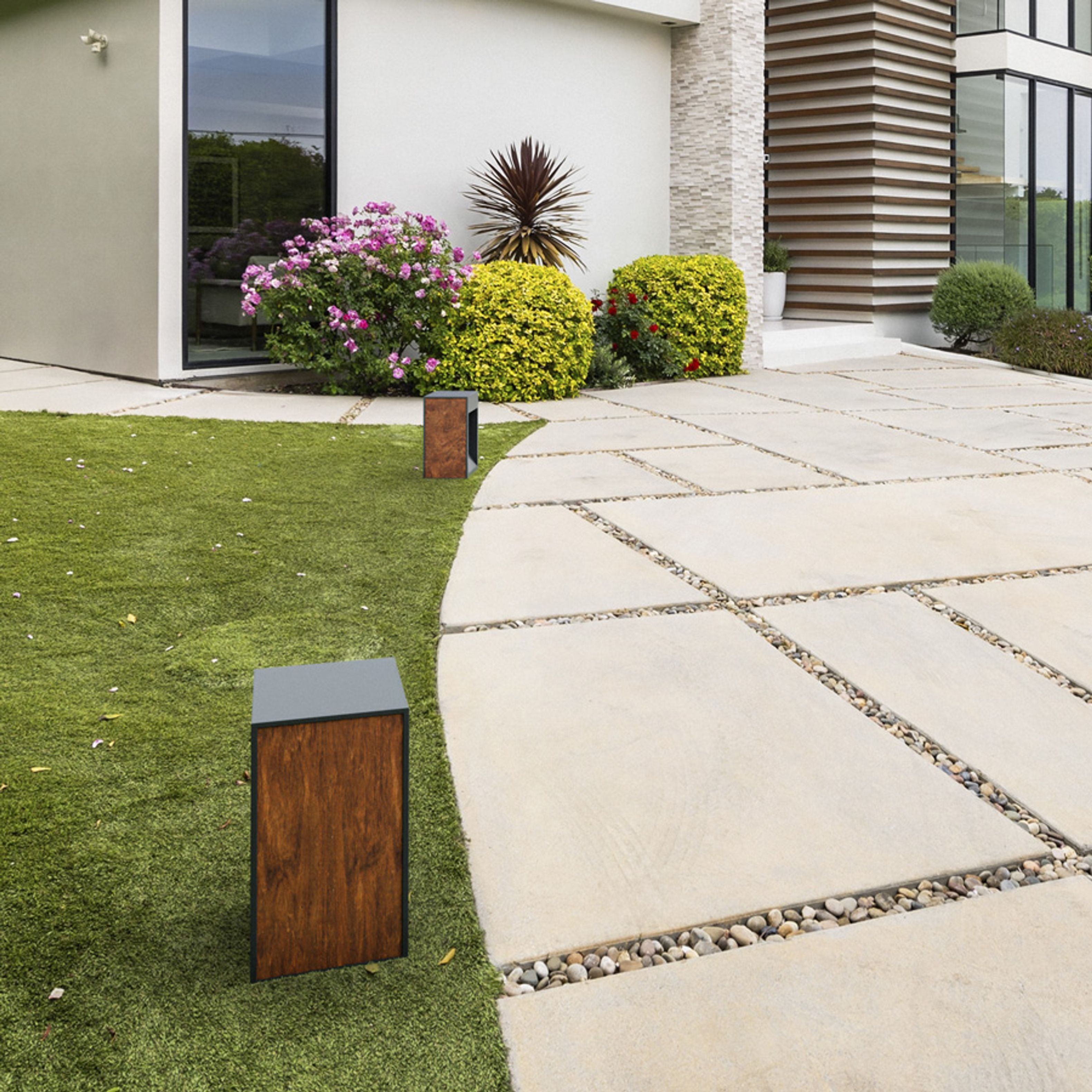 Bolard masiv de exterior cu decor din lemn pe părtile laterale, KING 30 de podea antracit 230V LED R7s 78mm 7W IP65