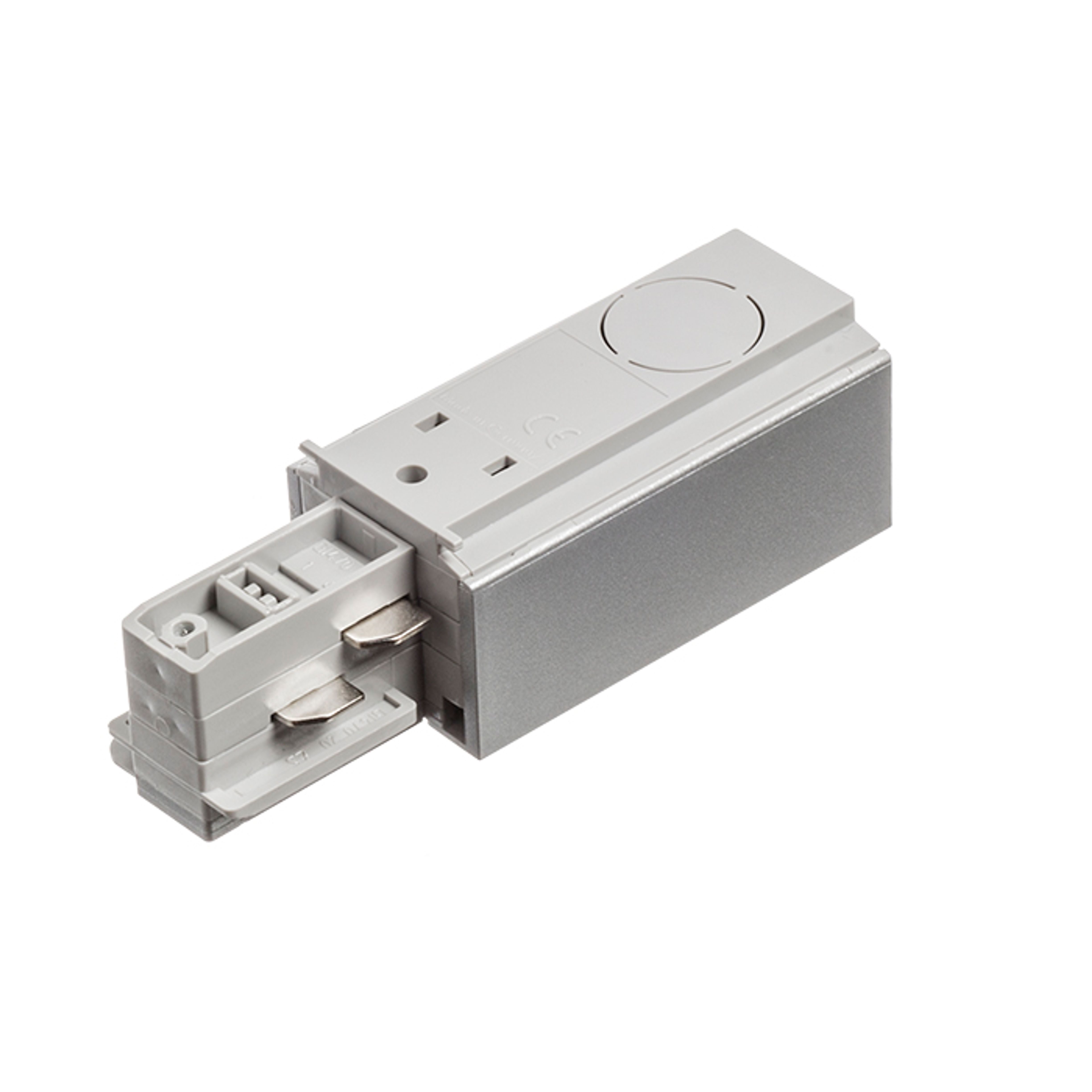 Conector de capăt cu alimentare stânga pentru șină cu trei circuite EUTRAC gri argintiu 230V
