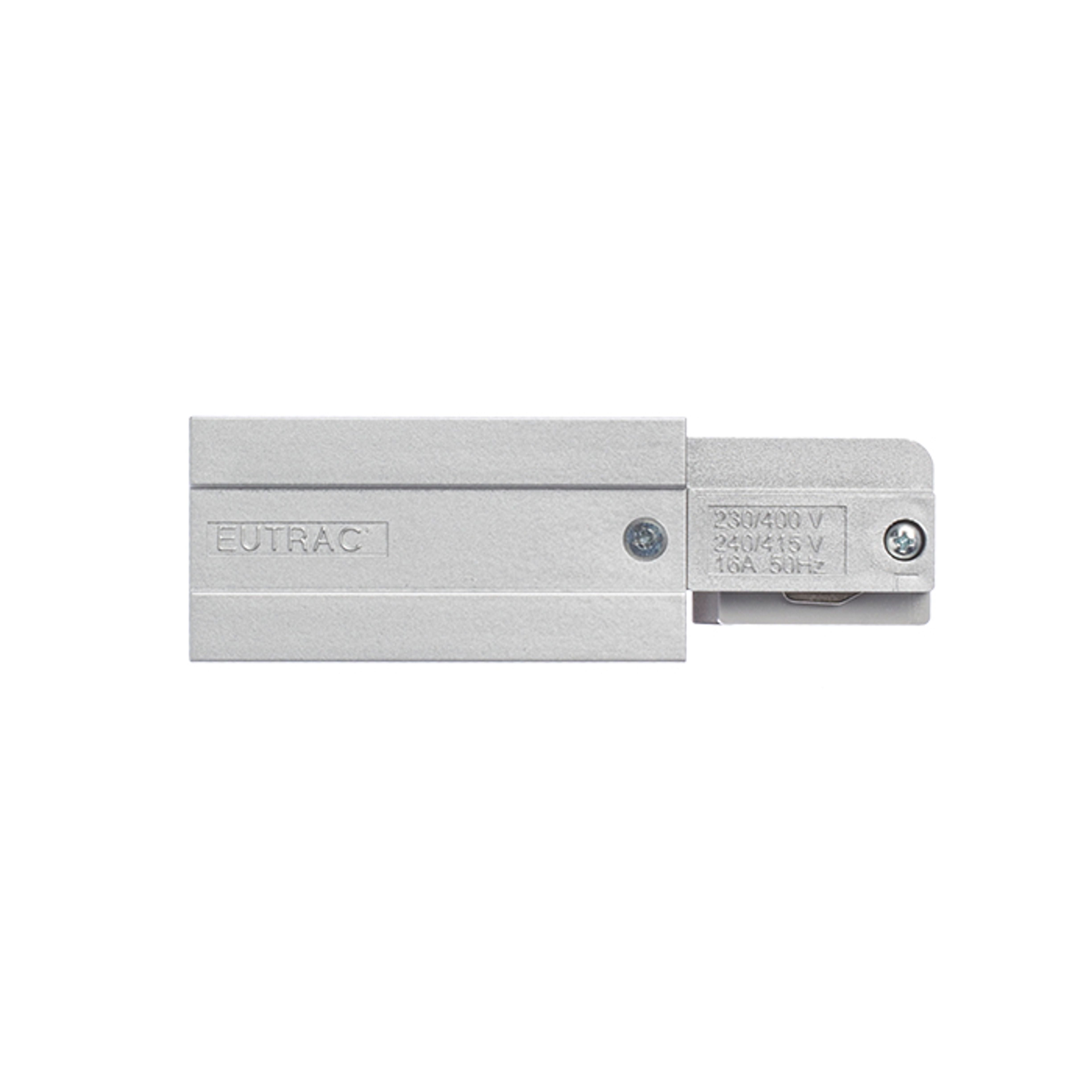 Conector de capăt cu alimentare stânga pentru șină cu trei circuite EUTRAC gri argintiu 230V