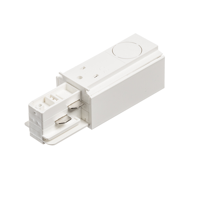 Conector de capăt pentru montat pe suprafață / suspendat șină cu trei circuite EUTRAC, EUTRAC alimentare dreaptă alb 230V