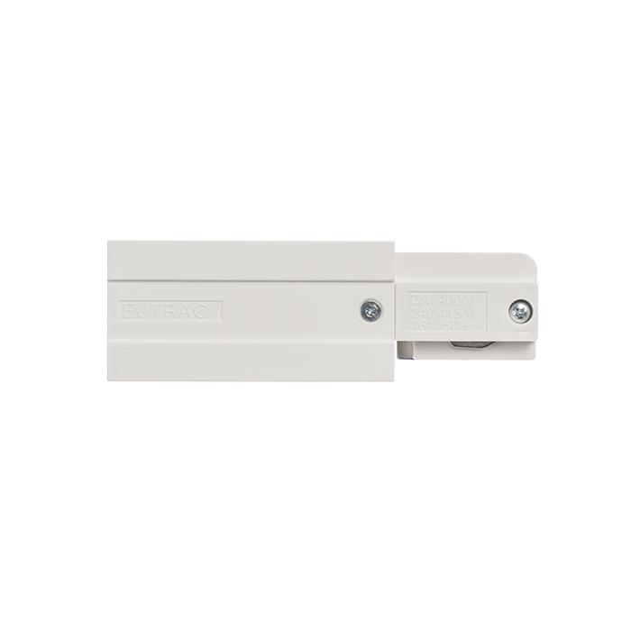 Conector de capăt pentru montat pe suprafață / suspendat șină cu trei circuite EUTRAC, EUTRAC alimentare stângă alb 230V