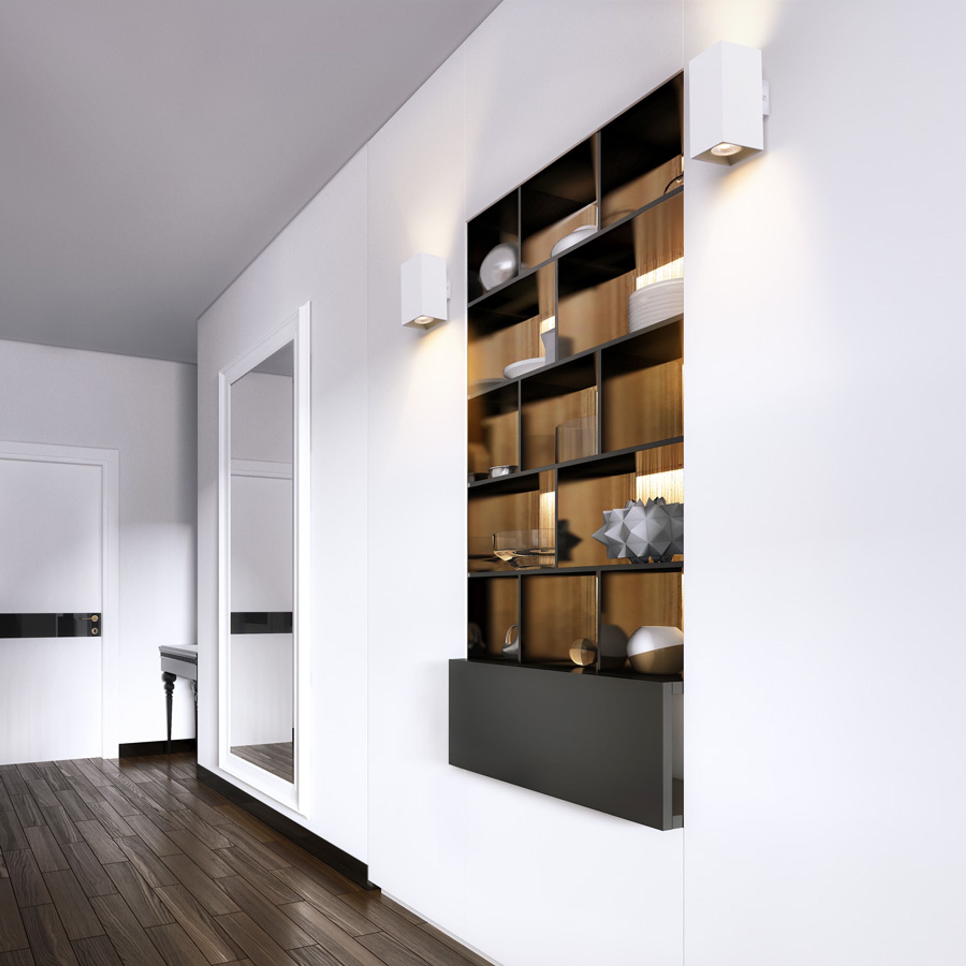 Corp de iluminat cubic metalic de perete cu iluminare SUS / JOS pentru două becuri reflector cu, AGATE II alb mat 230V LED GU10 2x7W