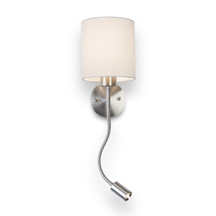 Corp de iluminat de perete cu abajur textil, gât flexibil suplimentar cu reflector LED diode, VERSA de cu alb nichel mat 230V E27 15+3W 40° 3000K