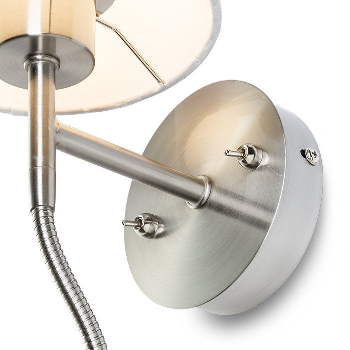 Corp de iluminat de perete cu abajur textil, gât flexibil suplimentar cu reflector LED diode, VERSA de cu alb nichel mat 230V E27 15+3W 40° 3000K