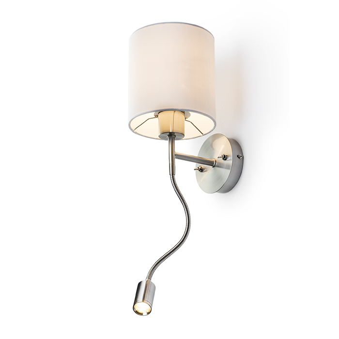 Corp de iluminat de perete cu abajur textil, gât flexibil suplimentar cu reflector LED diode, VERSA de cu alb nichel mat 230V E27 15+3W 40° 3000K