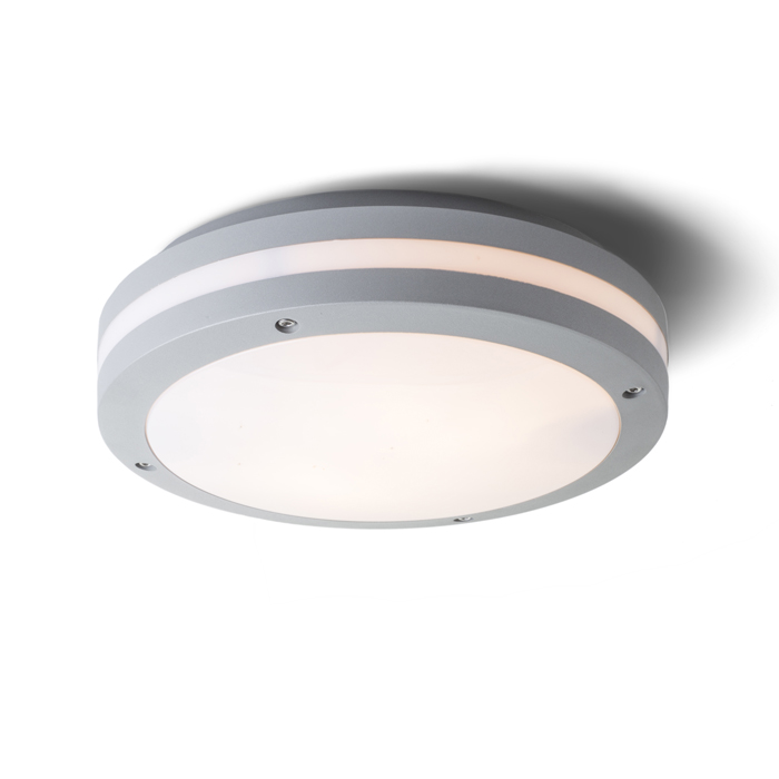 Corp de iluminat exterior rotund din aluminiu cu difuzor opal din policarbonat pentru montare pe, SONYA 30 gri argintiu 230V LED E27 2x11W IP54