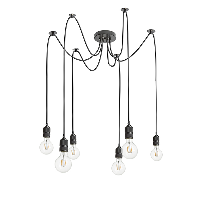 Corp de iluminat de tavan cu bază centrală și șase cabluri individuale de suspendare cu soclu E27, CINDY VI suspendat negru 230V LED 6x15W