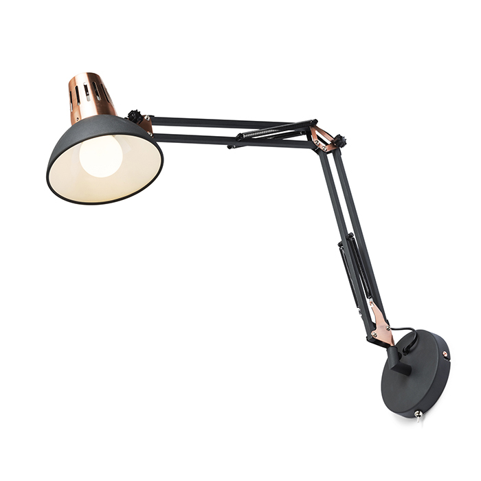 Lampă de lucru reglabilă pe perete, cu întrerupător pe bază, ANTE de perete negru cupru 230V LED E27 15W