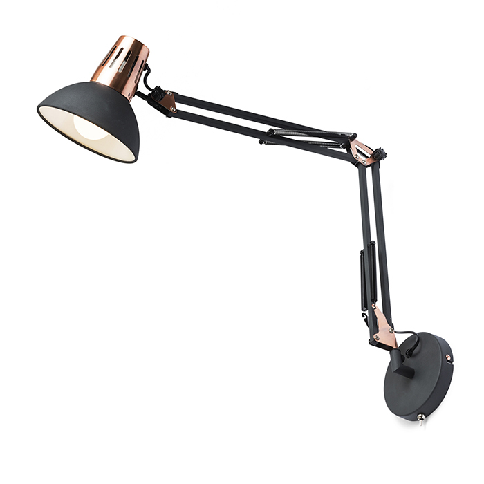 Lampă de lucru reglabilă pe perete, cu întrerupător pe bază, ANTE de perete negru cupru 230V LED E27 15W