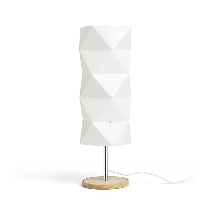 Lampă de masă mică pe o bază din lemn cu o umbră din plastic, ZUMBA alb PVC/lemn/crom 230V LED E14 11W