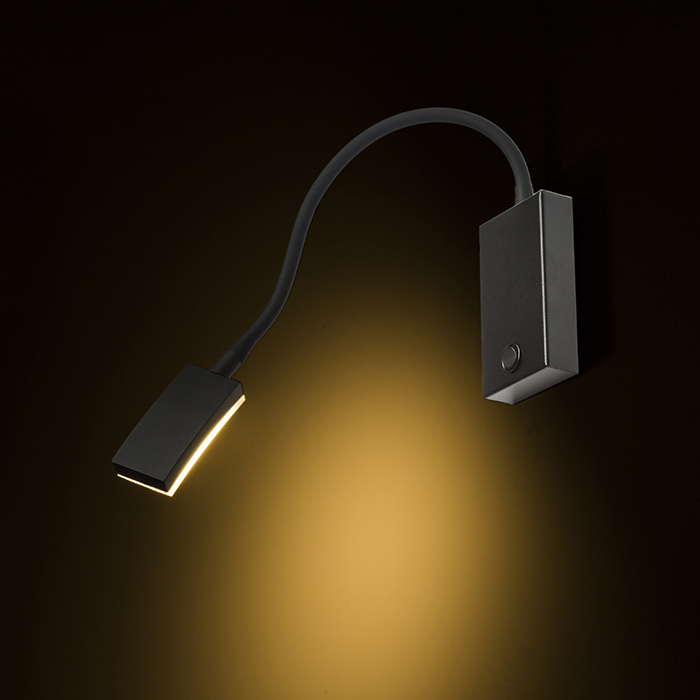 Lampă de perete LED pe gât flexibil cu comutator pe bază și cap dreptunghiular pentru dispersie, FRISCO W negru 230V 4.2W 120° 3000K
