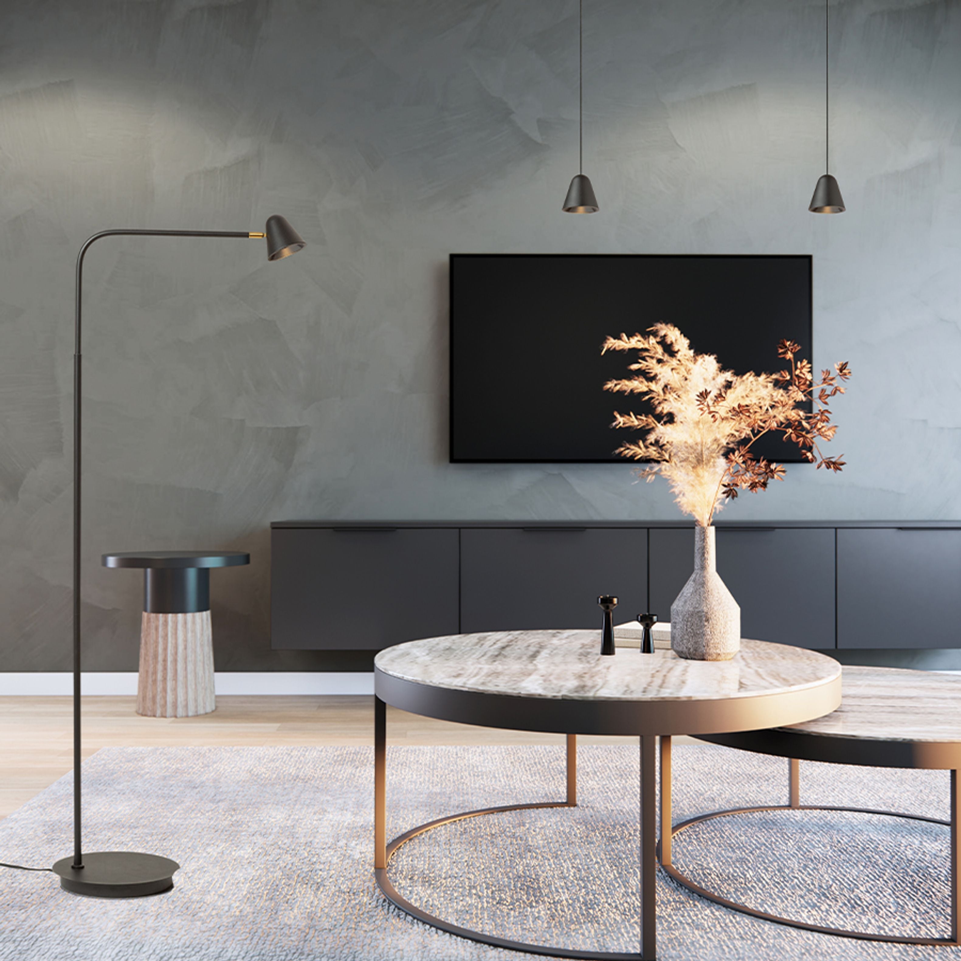 Lampă de podea in negru, cu imbinare de culoarea alamă, STIG negru 230V LED 8.4W 34° 3000K