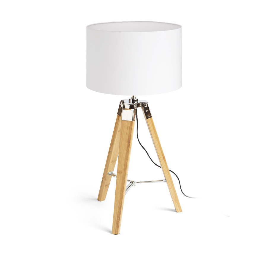 Lampă de masă cu abajur din material textil si o bază eleganta din bambus, ALVIS/RON 40 poligot alb/bambus 230V LED E27 15W