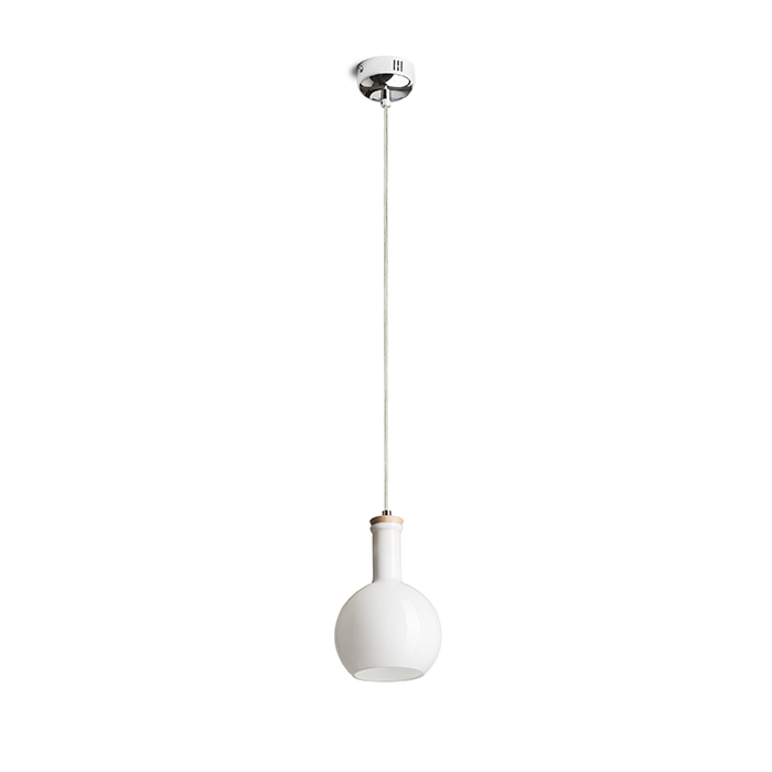 Lampă retro suspendată din sticlă albă pentru bec cu soclu E14, PULIRE RD opal/lemn/crom 230V LED 6W