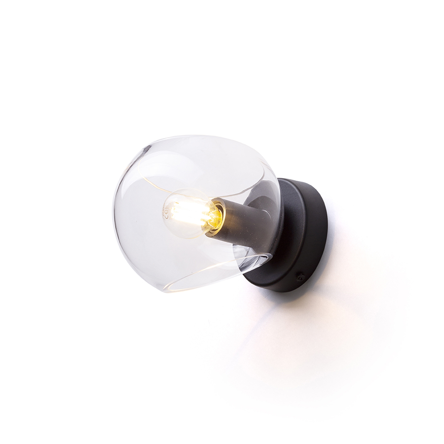 O lampă de sticlă montată pe suprafată, cu o baza lacuita neagră, SOLARIS montat pe suprafață transparentă/negru 230V LED E14 7W