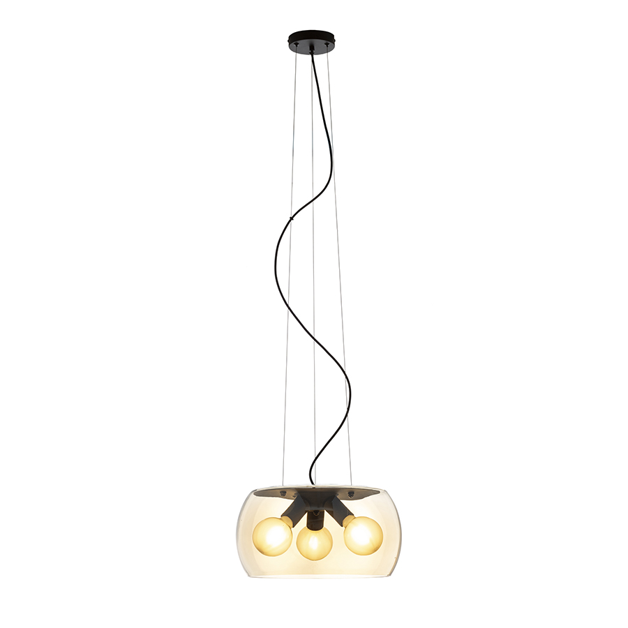 Lampă suspendată din sticlă in mai multe variante de culoare sticlă, pentru trei becuri LED cu baza, AMANDA negru mat chihlimbar 230V E27 3x15W